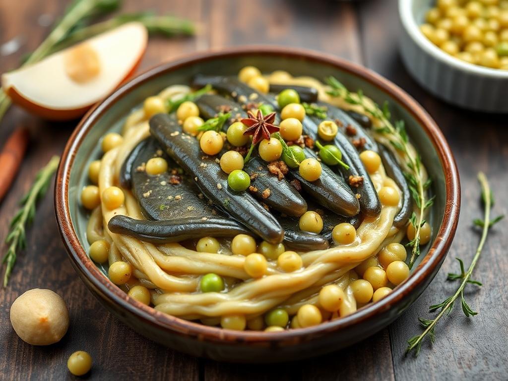 Terrine de lentilles beluga aux épices, petits pois et épinards