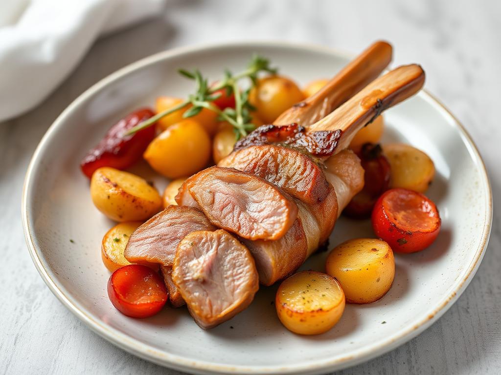 Lapin au thym et au chorizo, pommes de terre au four